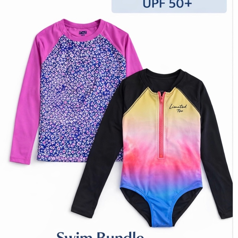 Girls Tween Swim Bundle Size 16–18 Rash Guard + One Piece UPF 50+ - Bin M